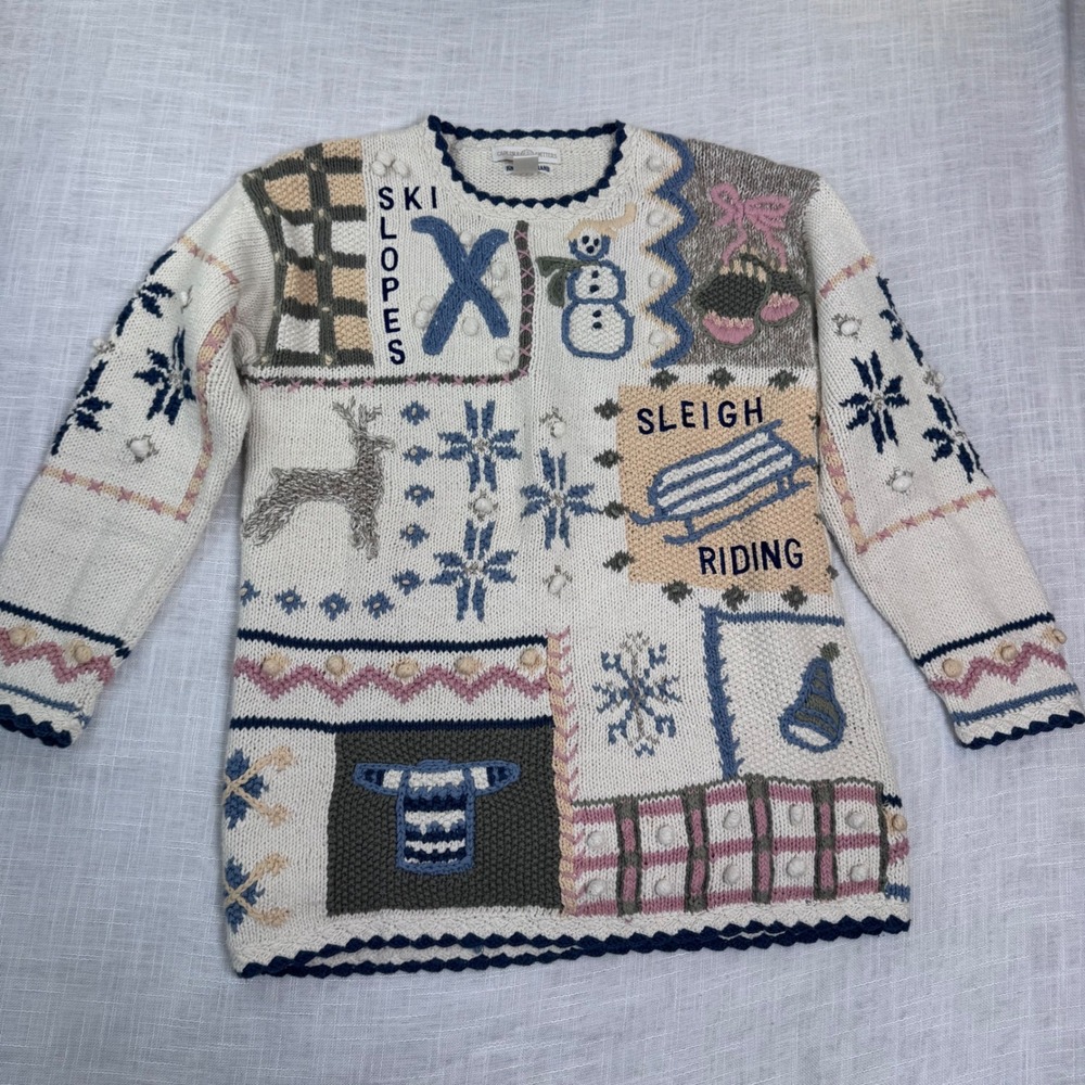 Cape Isle Knitters Sweater Womens M Ivory Hand Knit Grandma Snowmen Festive VTG - Picture 12 of 16